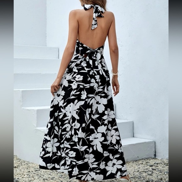 Dresses & Skirts - Boho Tropical Floral Print Criss Cross Back Tie Backless Halter Dress Black